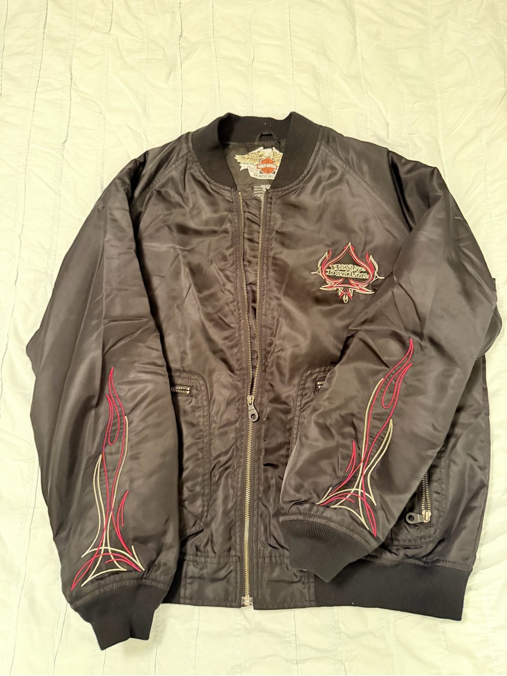 Harley-Davidson Black Bomber Jacket with Red and Cream Flame Accents